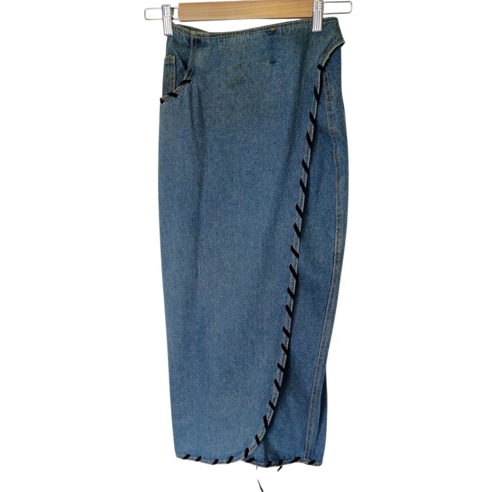 Baccini Vintage 90s Denim Wrap Midi Skirt Blue Velvet Whipstitch Trim Size 7/8